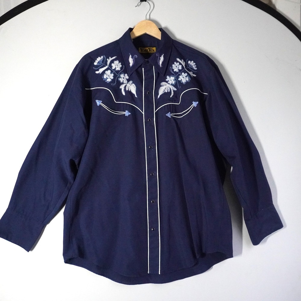 VTG Tem Tex‎ Western Shirt Mens Long Sleeve Embroidered Snap Button Navy Blue